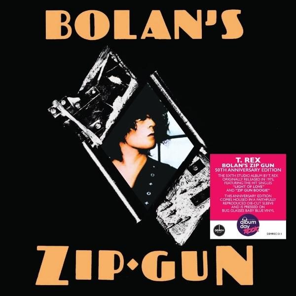 Albumcover für Bolan's Zip Gun von T. Rex. Enthält ein Porträt eines Mannes, Text und einen Album-Day-Aufkleber auf schwarzem Hintergrund.
