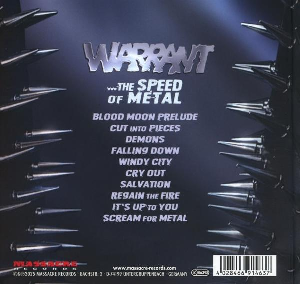 Albumcover für Warrant's 'The Speed of Metal'. Enthält den Bandnamen, die Titelliste und ein Design mit metallischen Stacheln.
