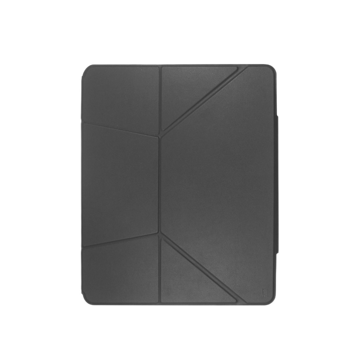 Siyah bir arka plan üzerinde, açılı çizgilerden oluşan geometrik desenli, koyu gri bir tablet kılıfı. Kılıf kapalı.