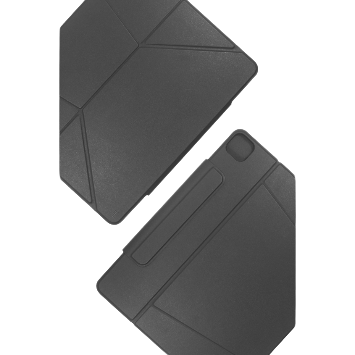 Siyah arka plan üzerinde iki siyah tablet kılıfı. Biri açık, diğeri kapalı, her ikisi de geometrik tasarımlı.