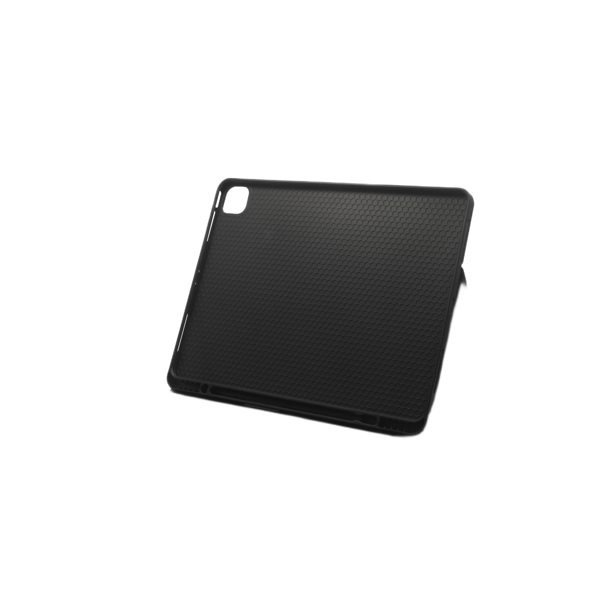 Petek desenli siyah bir tablet kılıfı. Kılıf açılıdır ve siyah bir arka plan üzerinde durmaktadır.