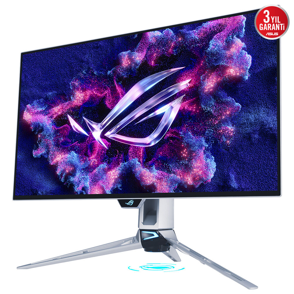 Bir ASUS ROG monitörü. Ekran, renkli bir bulutsu benzeri tasarım sergiliyor. Stand gümüş renginde ve 3 yıl garanti logosu var.