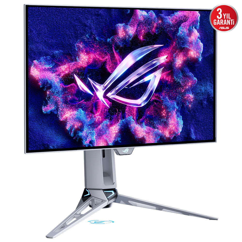 Fütüristik tasarımlı bir bilgisayar monitörü, renkli soyut bir arka plana sahip bir ekran ve benzersiz şekilli bir stand.
