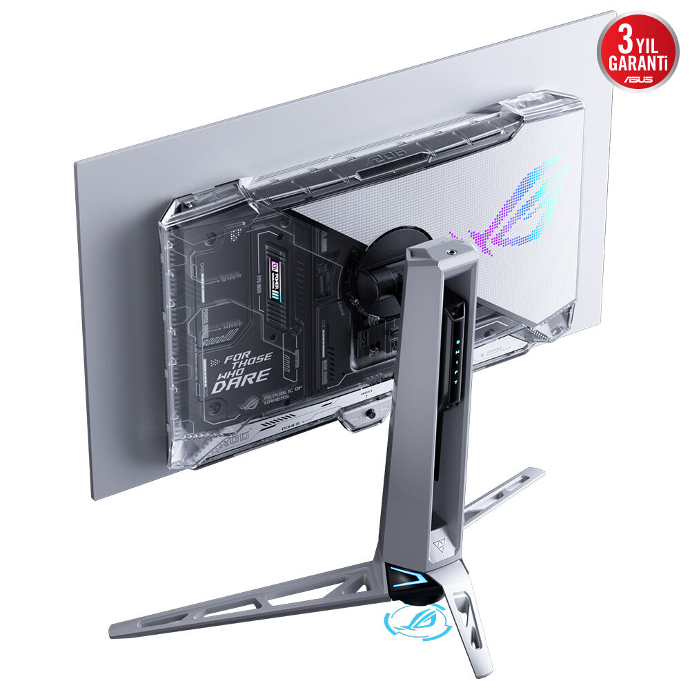 Bir oyun monitörünün arkası. Gri stand, Asus logosu. Beyaz ve şeffaf arka panel, ROG logosu ve metin.
