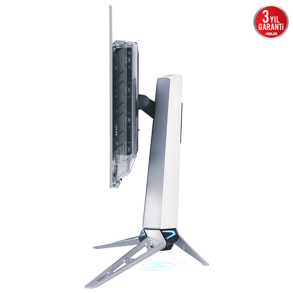 Beyaz ve gümüş renkli bir bilgisayar monitörünün yan görünümü. Şeffaf bir arka kısma ve sağlam, açılı bir tabana sahiptir. ASUS logosu görünür.