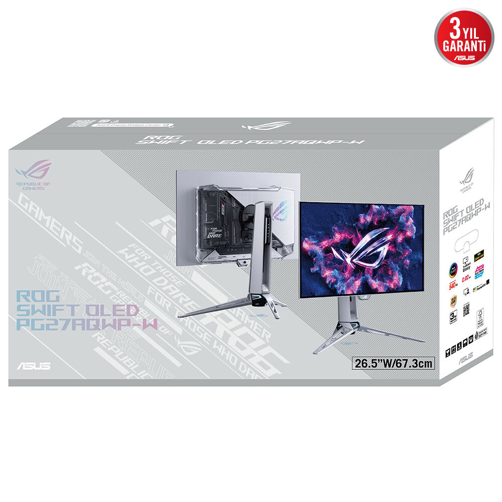 Bir ROG Swift OLED monitör kutusu. Monitörü standıyla birlikte gösterir. Kutuda 'ROG Swift OLED PG27AQWP-W' yazısı var.