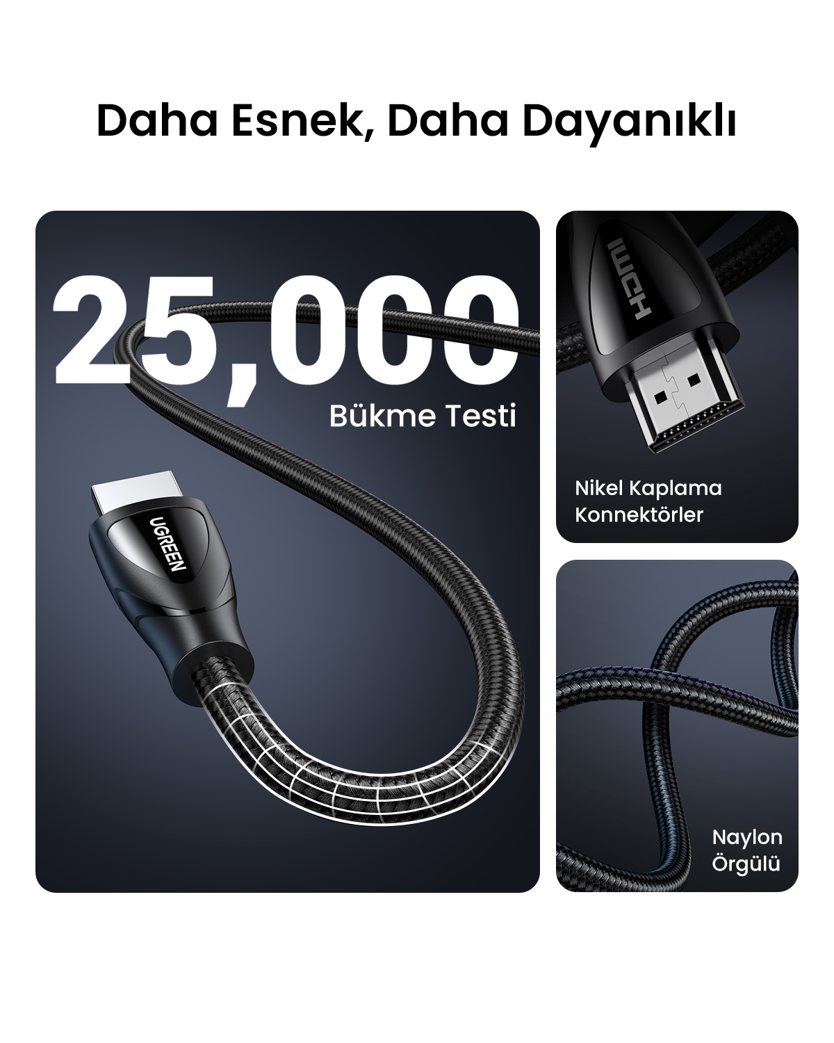 Görselde, bükme testini gösteren 25.000 sayısı ile siyah bir HDMI kablosu yer alıyor. Nikel kaplı konektörler ve naylon örgülü kablo.