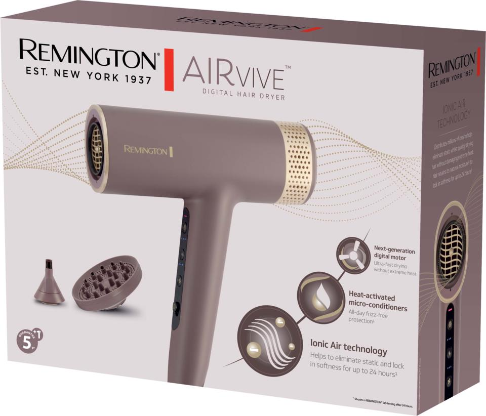 Bir Remington AirVIVE saç kurutma makinesi, aksesuarlarıyla birlikte kutusunda sergileniyor. Kurutma makinesinin teknolojisiyle ilgili ayrıntılar da gösteriliyor.