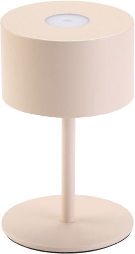 A beige table lamp with a round base, a stem, and a cylindrical lampshade. The lampshade has a white light source at the top.