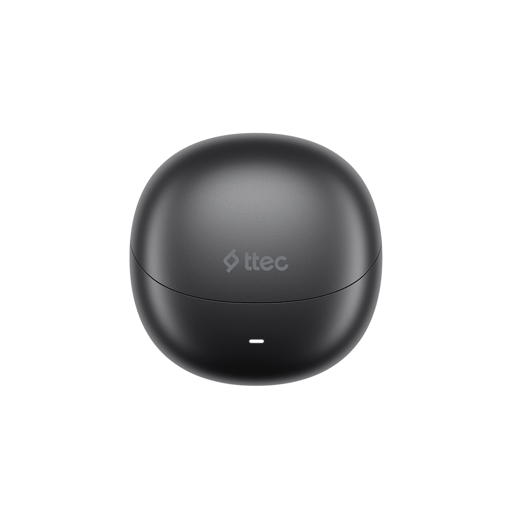 Siyah, yuvarlak bir şarj kutusu. Kasanın altında küçük beyaz bir ışık var. Üstte ttec logosu bulunuyor.