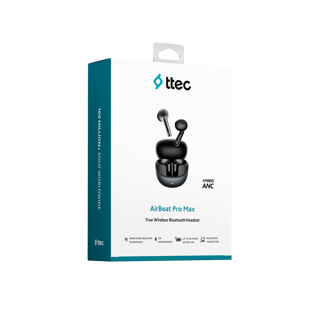 Siyah kulaklıklı kutu. Marka adı ttec'tir. Metin: AirBeat Pro Max, True Wireless Bluetooth Headset. Özellik simgeleri görüntülenir.