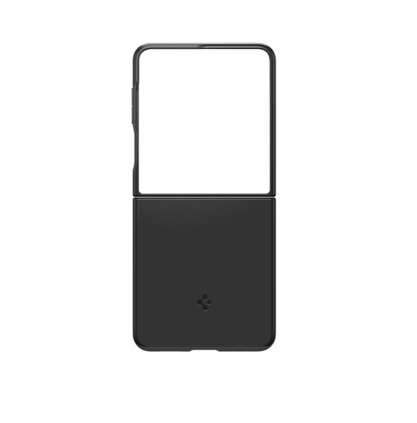 Siyah bir telefon kılıfı, ikiye katlanmış. Üst kısım açık. Marka logosu altta. Beyaz arka plan.