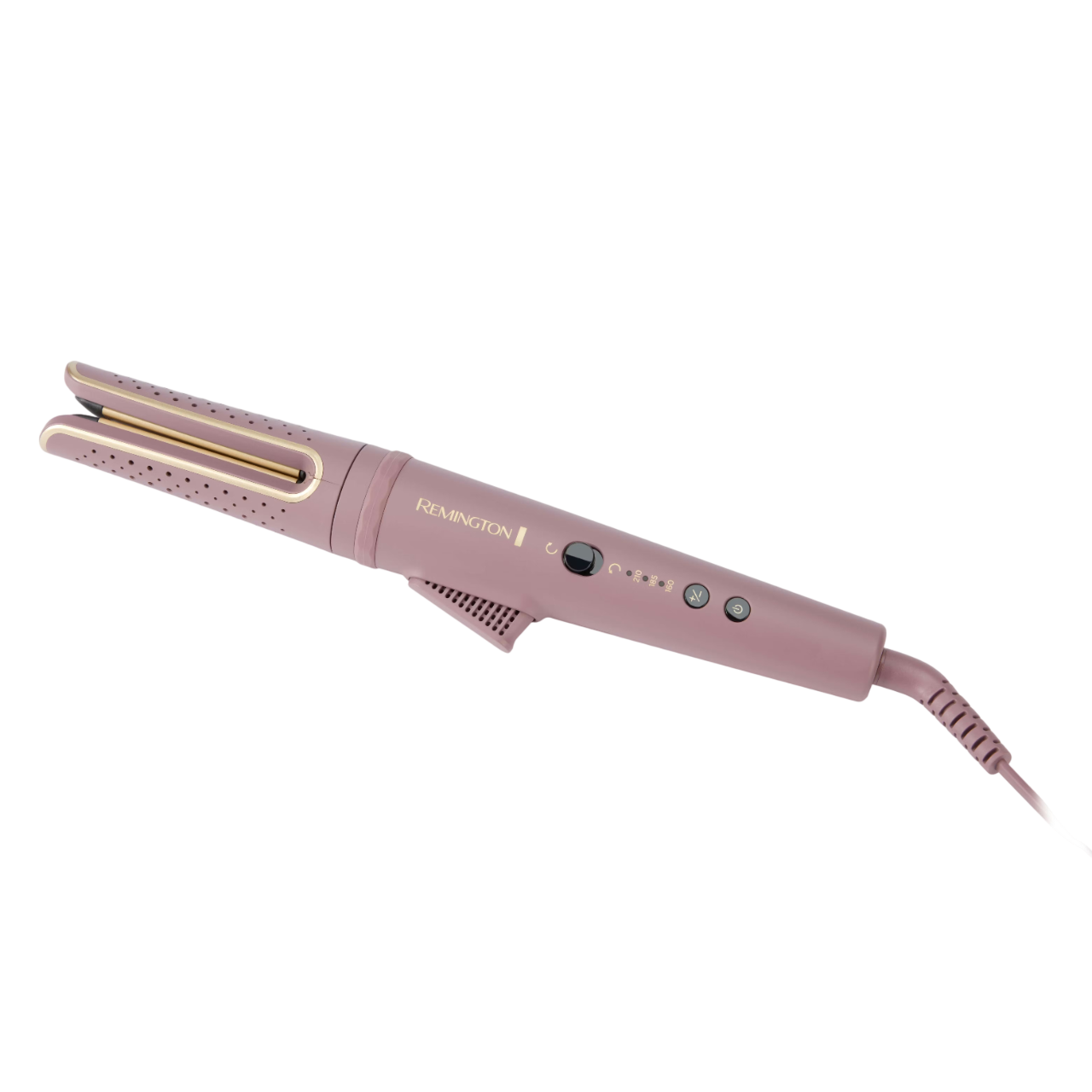 Sağa doğru açılı bir maun Remington saç maşası. Altın vurgulara, bir güç kablosuna ve çeşitli kontrol düğmelerine sahiptir.