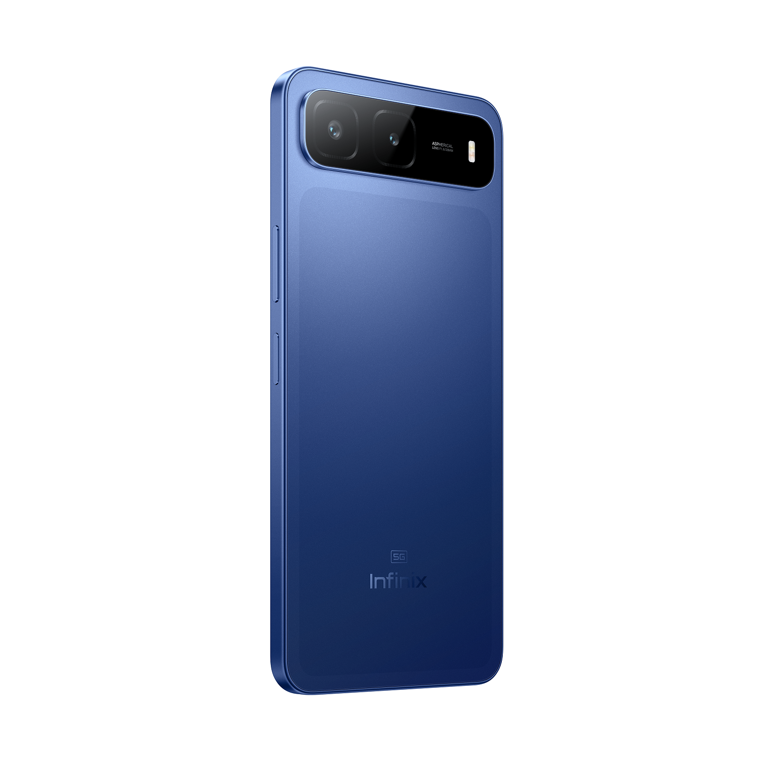 Mavi akıllı telefonun arka görünümü. Üstte çift kamera, altta Infinix logosu. 5G sembolü görünür.