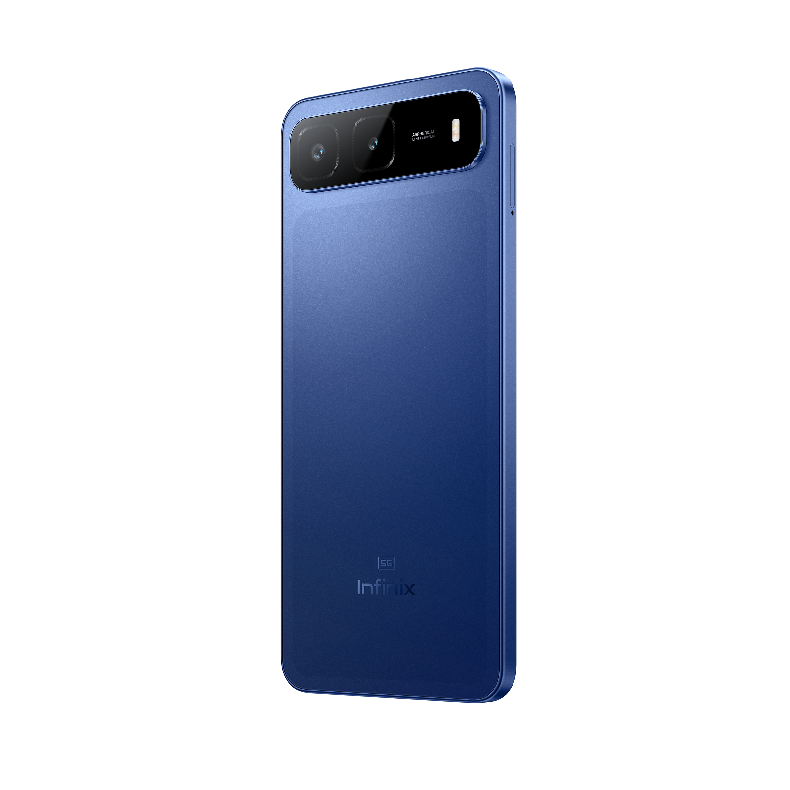 Mavi bir Infinix akıllı telefon gösteriliyor. Bir kamera modülüne ve altta Infinix logosuna sahip. Arka plan beyaz.