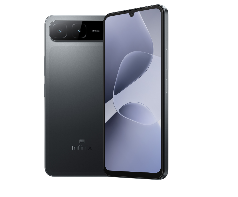 İki gri akıllı telefon. Biri kavisli tasarımlı bir ekran gösteriyor. Diğerinde iki kamera ve Infinix logosu var.