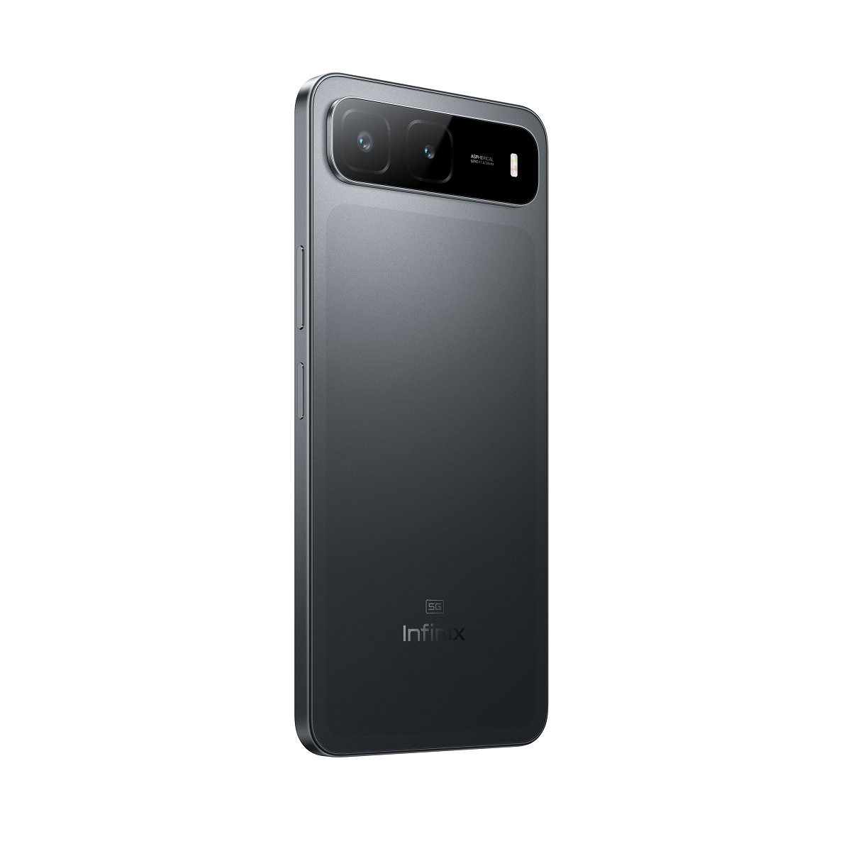 Üç kameralı ve Infinix logolu koyu gri bir akıllı telefon. Telefon, beyaz bir arka plan üzerinde hafifçe açılı duruyor.