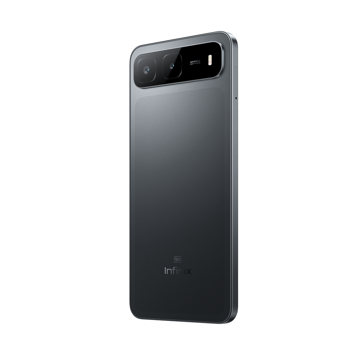 Koyu gri bir Infinix akıllı telefon, arka görünüm. Üstte çift kamera sistemi, altta 5G ve Infinix logosu. Telefon beyaz bir arka plan üzerinde.