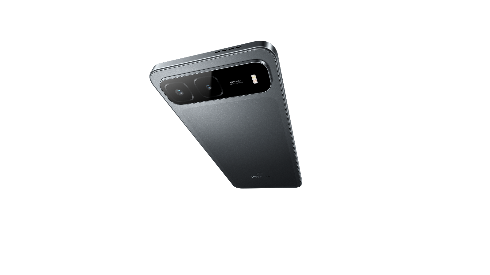 Beyaz zemin üzerinde, açılı duran gri bir akıllı telefon. Kamera modülü var ve Infinix logosu görünüyor.