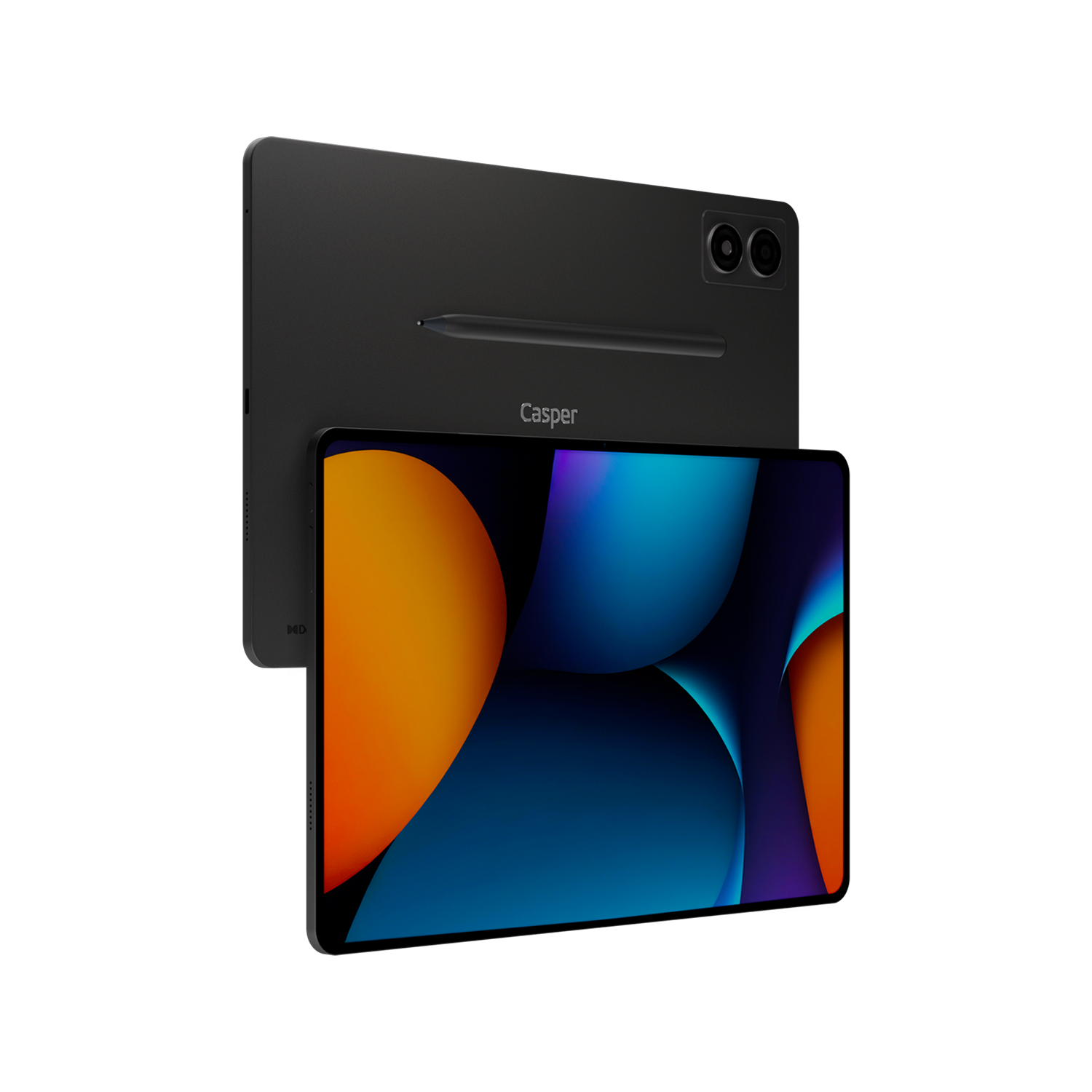 İki siyah tablet, biri diğerinin üzerinde. Üstteki bir kalem ve iki kameraya sahip. Ekran renkli bir soyut görüntü gösteriyor.