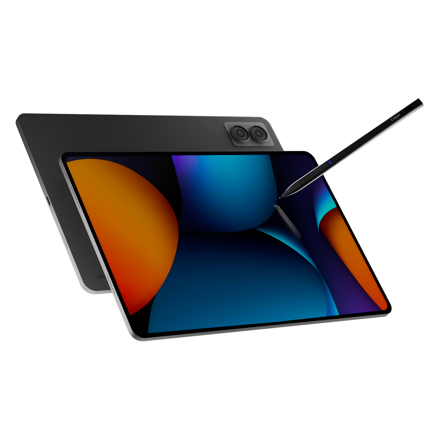 Bir tablet ve bir kalem. Tablet siyah, renkli bir ekranı var. Kalem siyah ve ekrana dokunuyor.