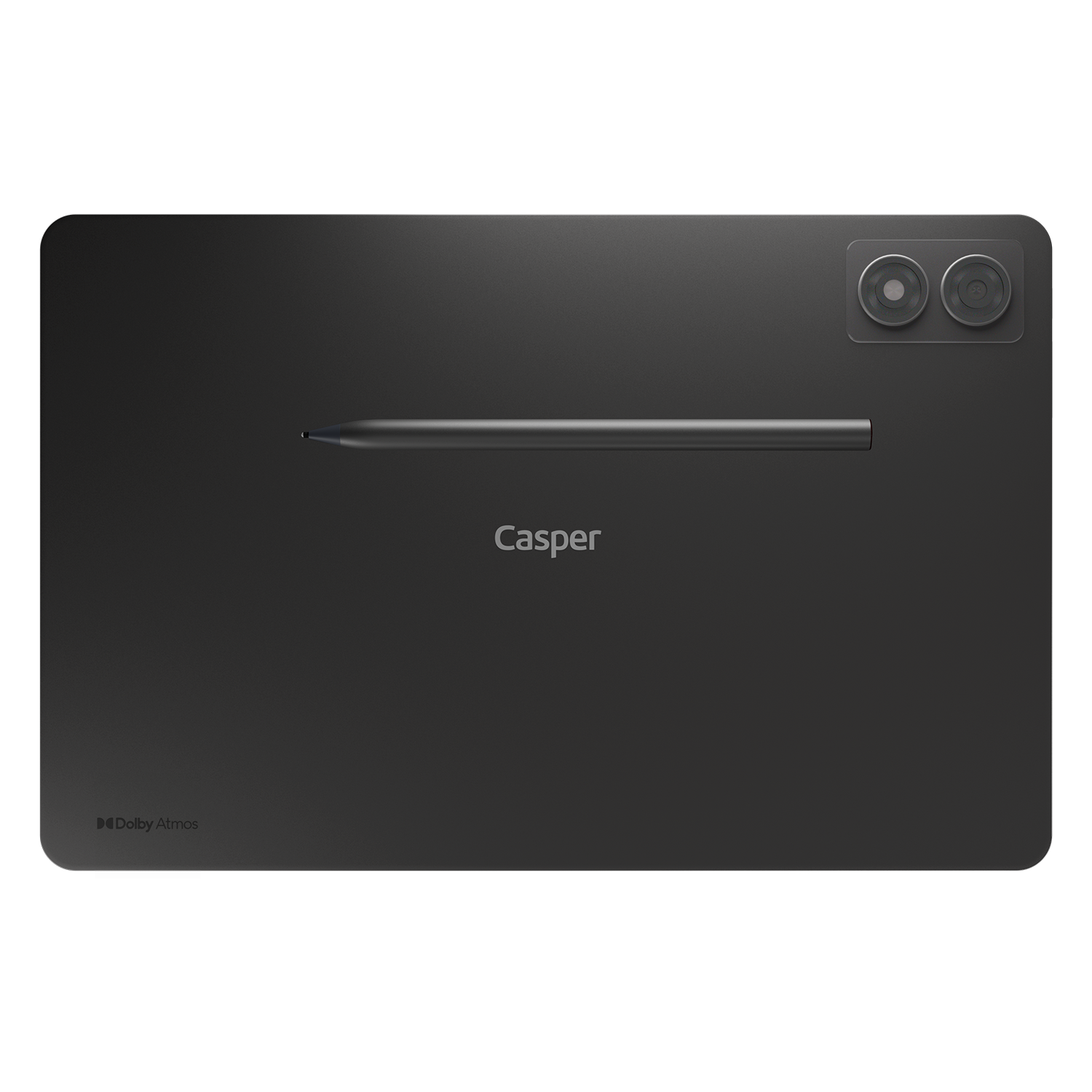 Siyah tablet, kalem, iki kamera merceği ve 'Casper' logosu. Dolby Atmos logosu sol altta.
