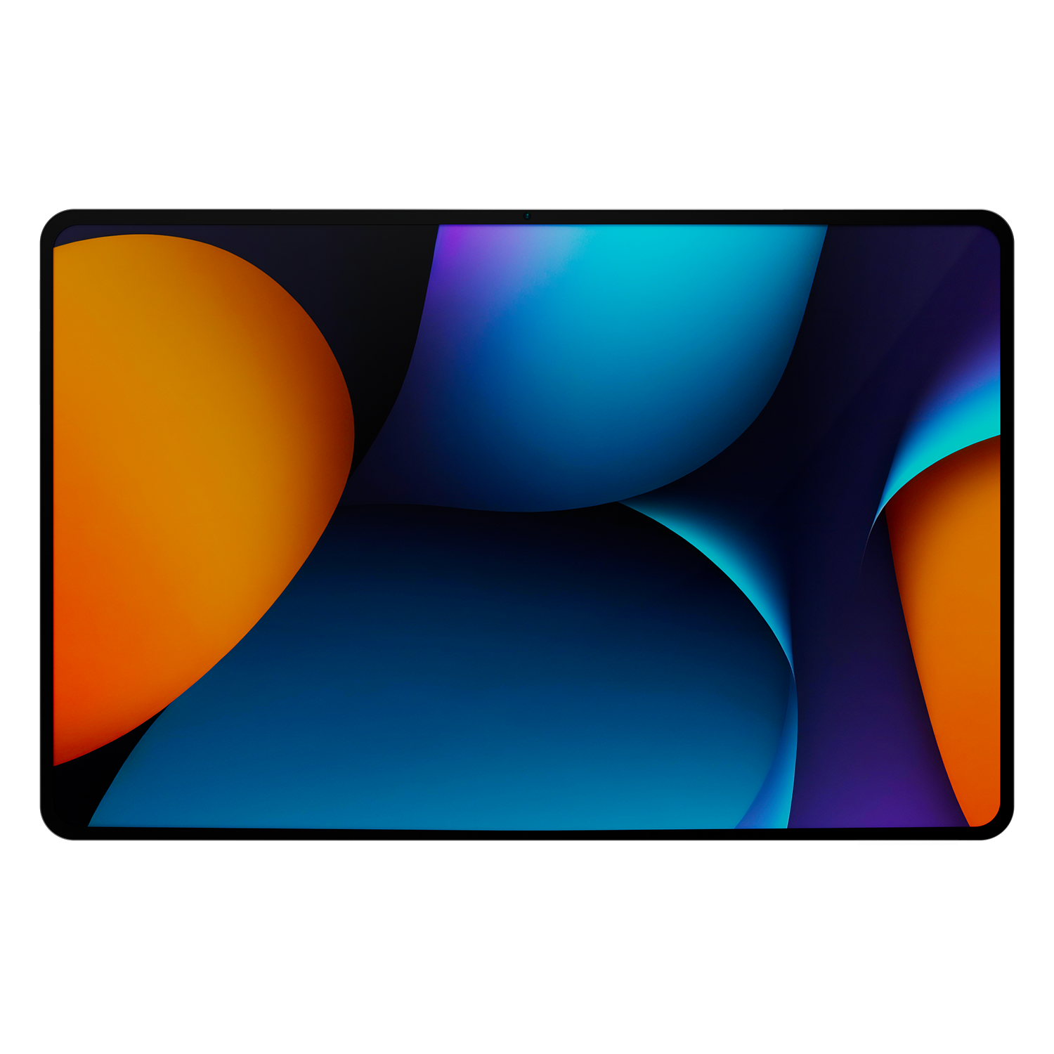 Siyah bir arka plan üzerinde turuncu, mavi ve mor eğimli şekillerle soyut bir tasarım sergileyen tablet ekranı.