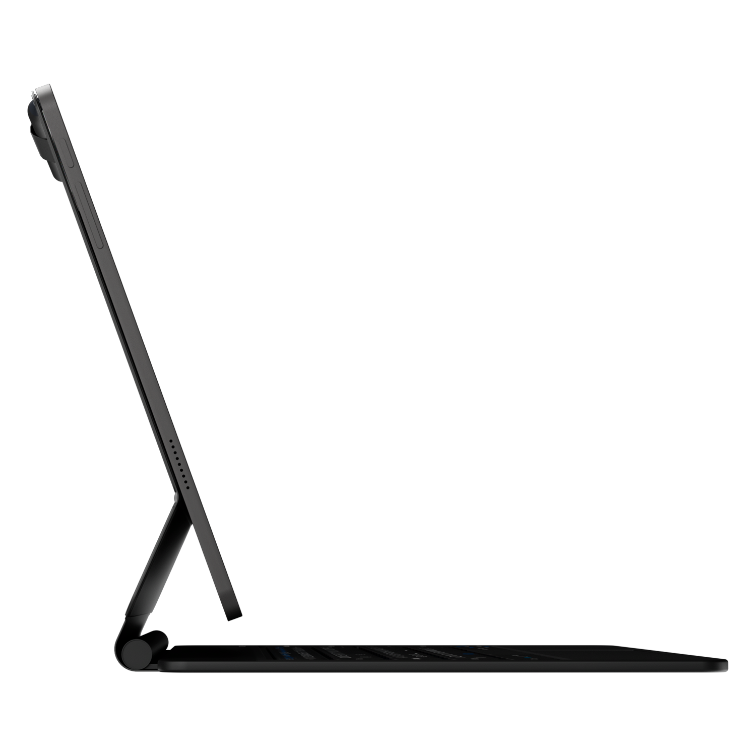 Siyah bir tabletin yan görünümü, klavye bağlı. Tablet destekleniyor, ekran ve klavye görünüyor.