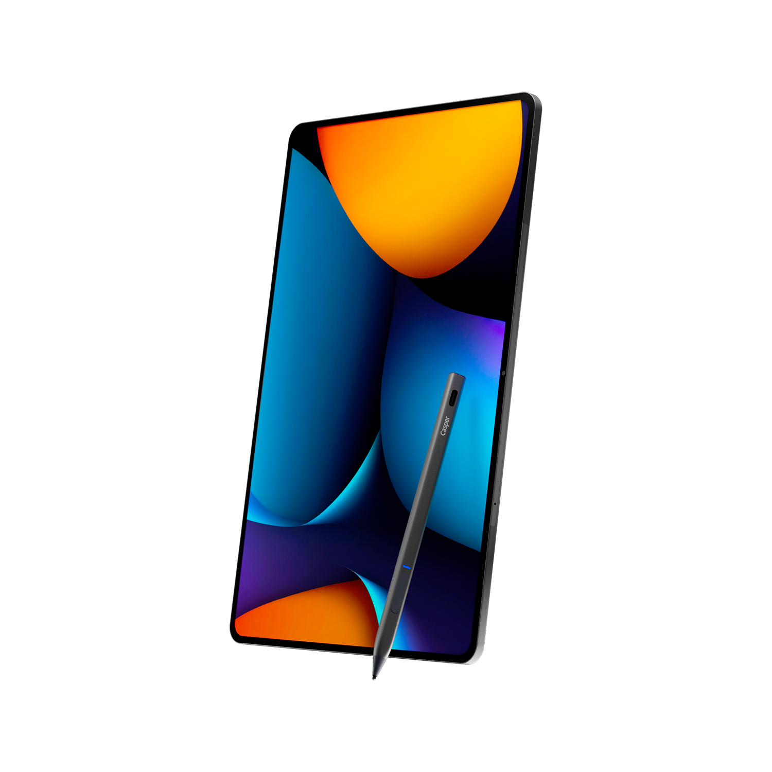 Renkli bir arka plana ve bir kaleme sahip tablet. Tabletin siyah bir çerçevesi var ve kalem koyu gridir.