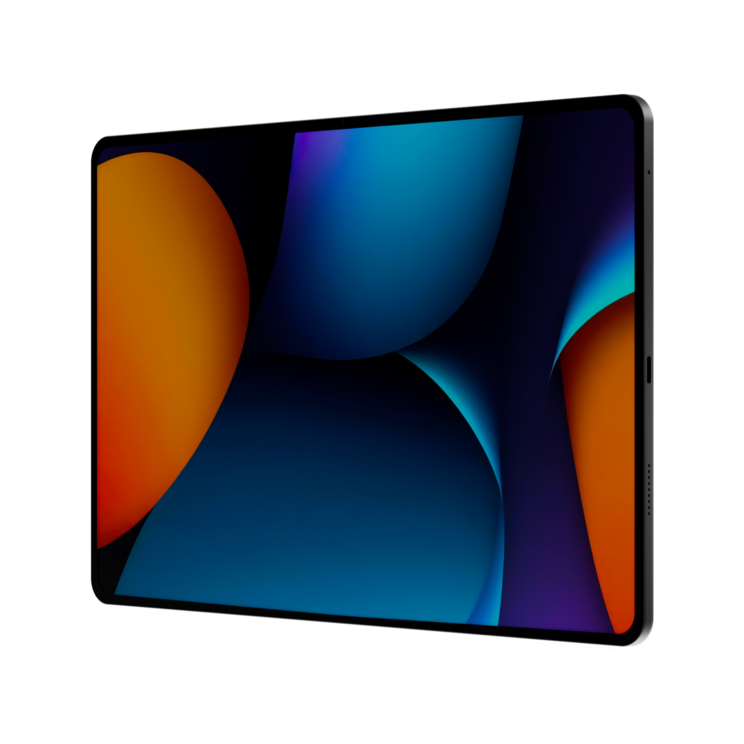 Turuncu, mavi ve mor geçişlerden oluşan soyut bir arka plan gösteren tablet. Tabletin siyah bir çerçevesi ve kenarlığı var.