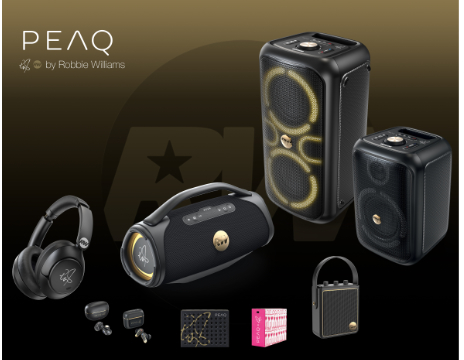 Divers produits audio PEAQ noirs, dont des enceintes, des casques et des écouteurs, sont présentés sur un fond sombre.