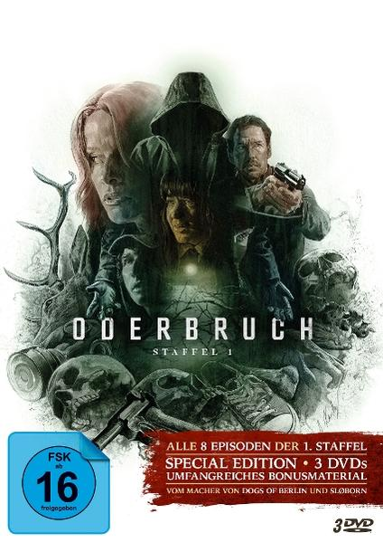 Poster für "Oderbruch". Gesichter von Menschen, Schädel und eine Pistole. Ein blauer Aufkleber mit "16" befindet sich unten links. Text auf Deutsch.