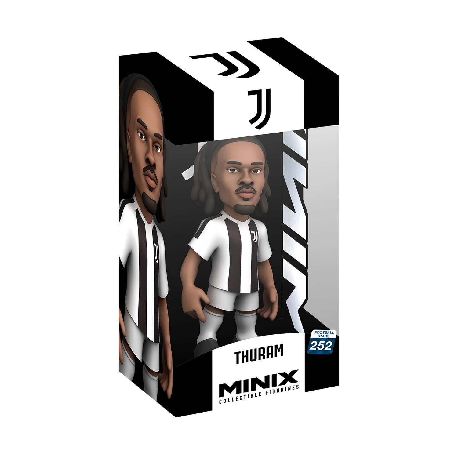 Statuetta da collezione Minix di Thuram con la divisa della Juventus, all'interno di una scatola con il logo Juventus e il numero 252.