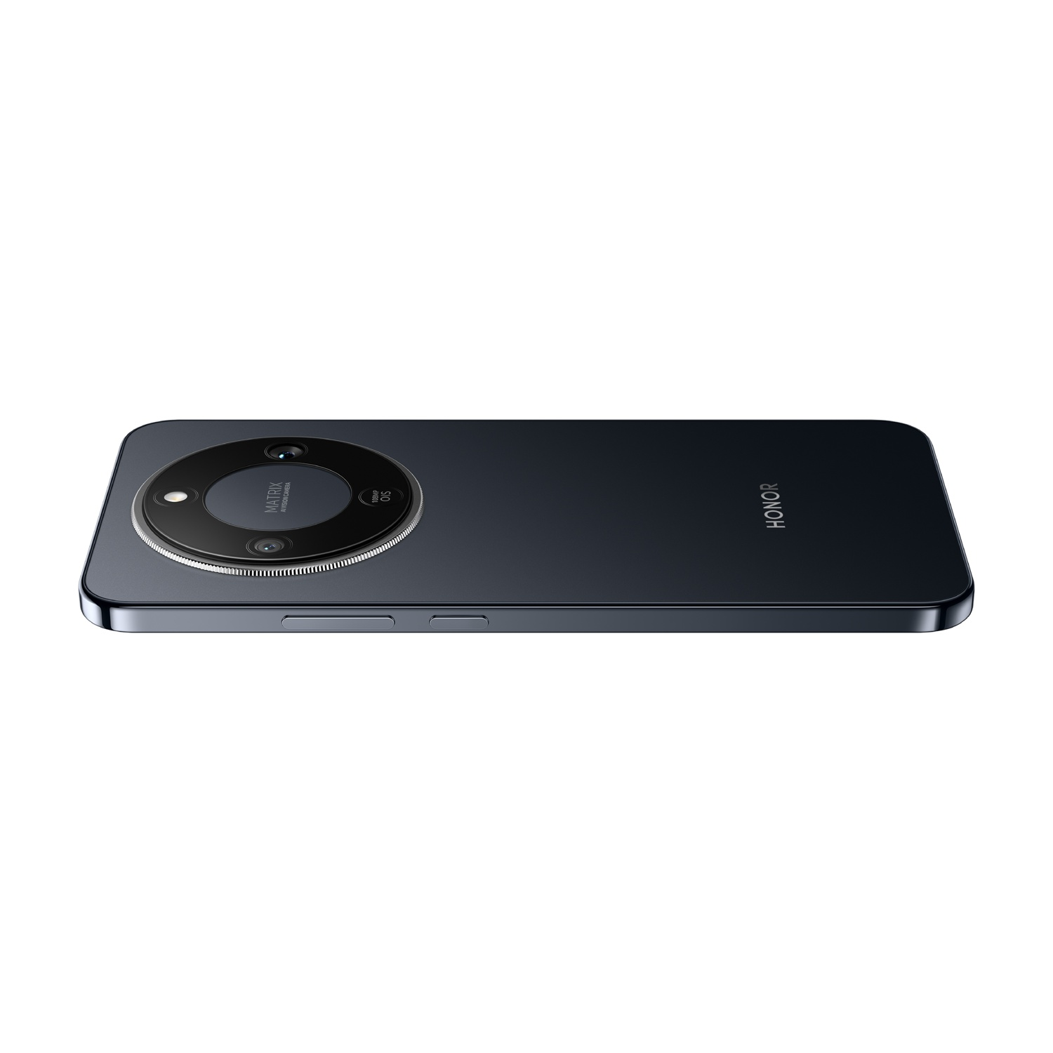 Un telefono Honor nero è mostrato in diagonale. Il retro ha un modulo fotocamera circolare e il logo Honor. Lo sfondo è bianco.