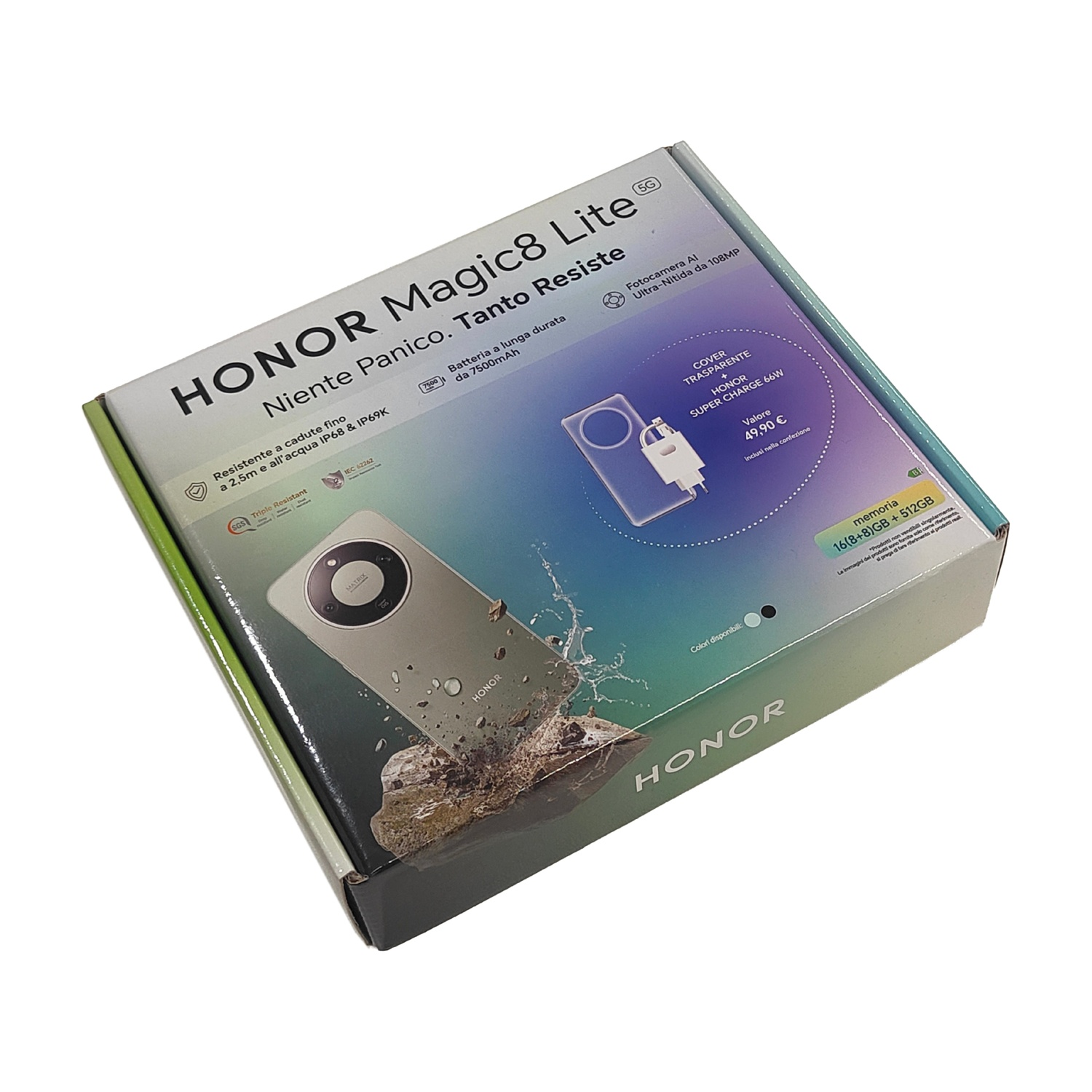 Una scatola Honor Magic8 Lite. Mostra il telefono, le sue caratteristiche e un caricabatterie. La scatola è bianca, verde e nera.