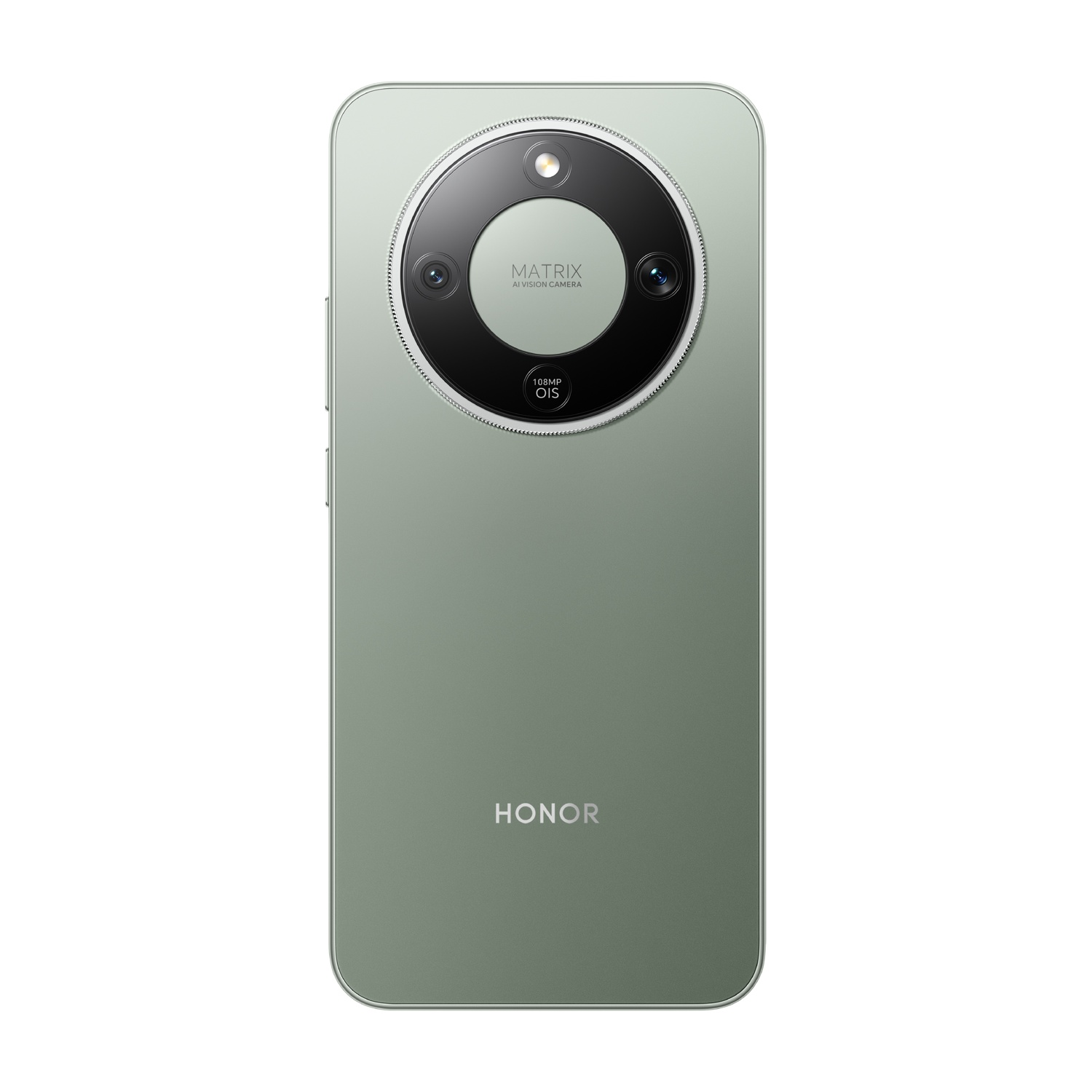 Il retro di uno smartphone HONOR verde. Ha un modulo fotocamera circolare con tre obiettivi e il logo HONOR.