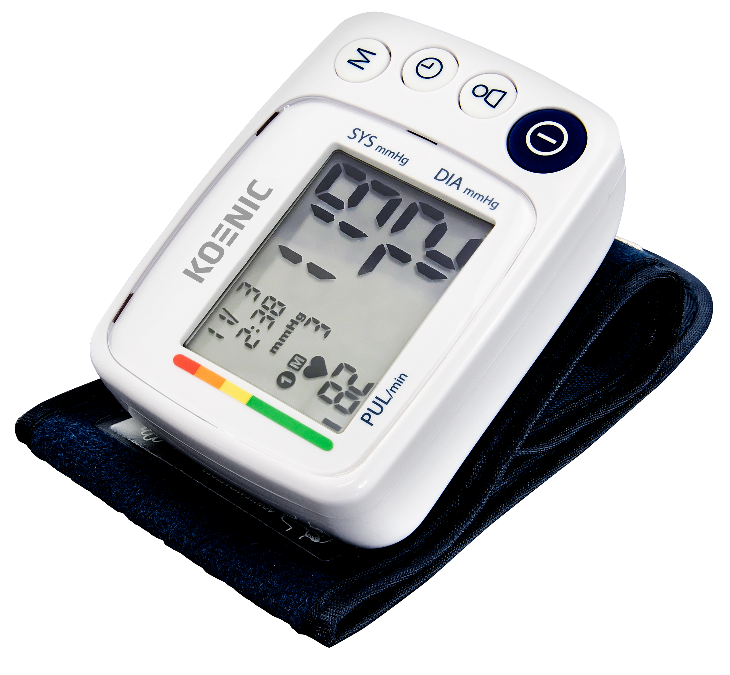 Biały ciśnieniomierz z ciemnoniebieskim mankietem wyświetla odczyty. Widoczne są przyciski i pasek kolorów.