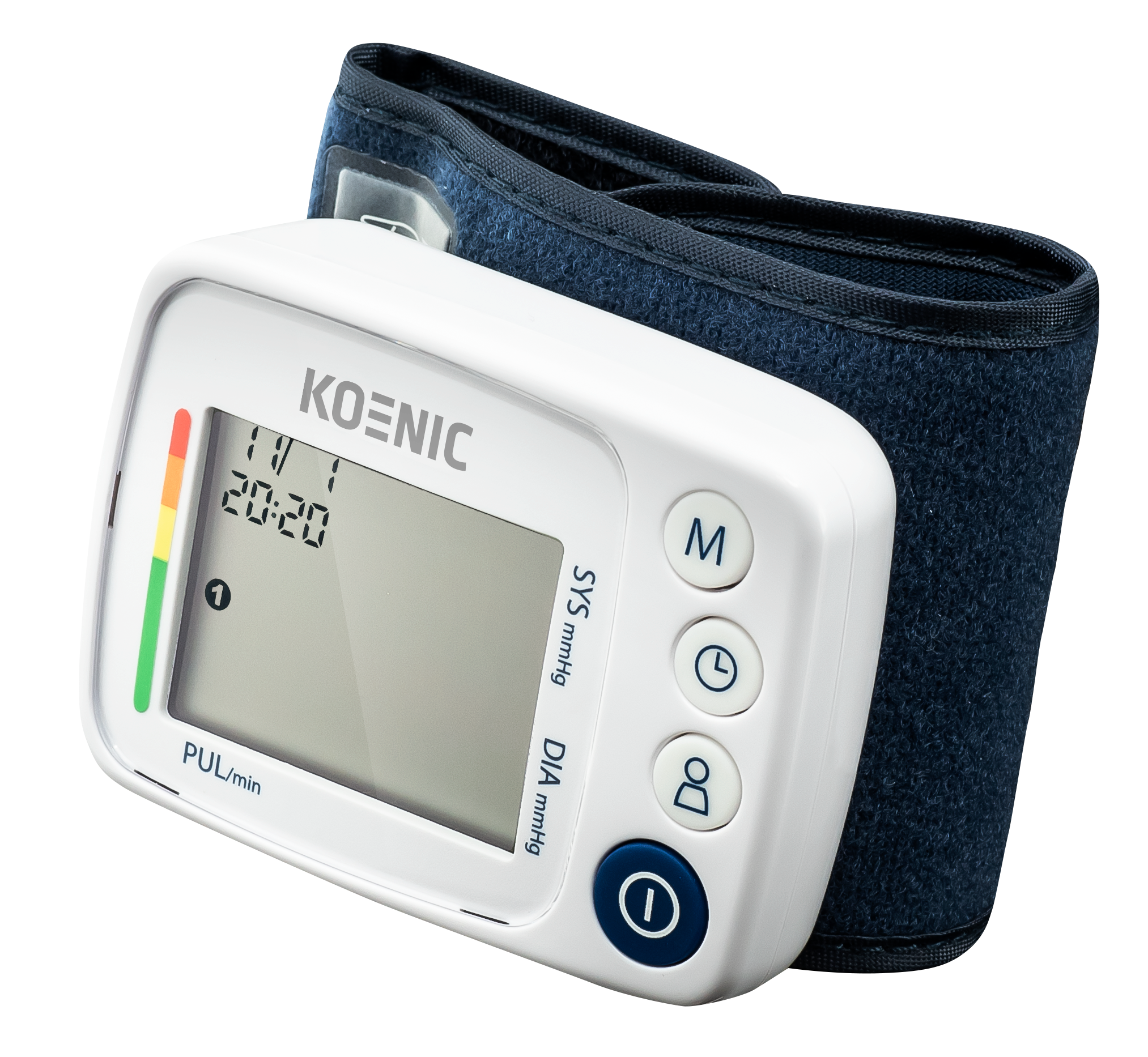 Biały ciśnieniomierz Koenic z ciemnoniebieskim mankietem. Wyświetlacz pokazuje czas i odczyty. Widoczne przyciski.