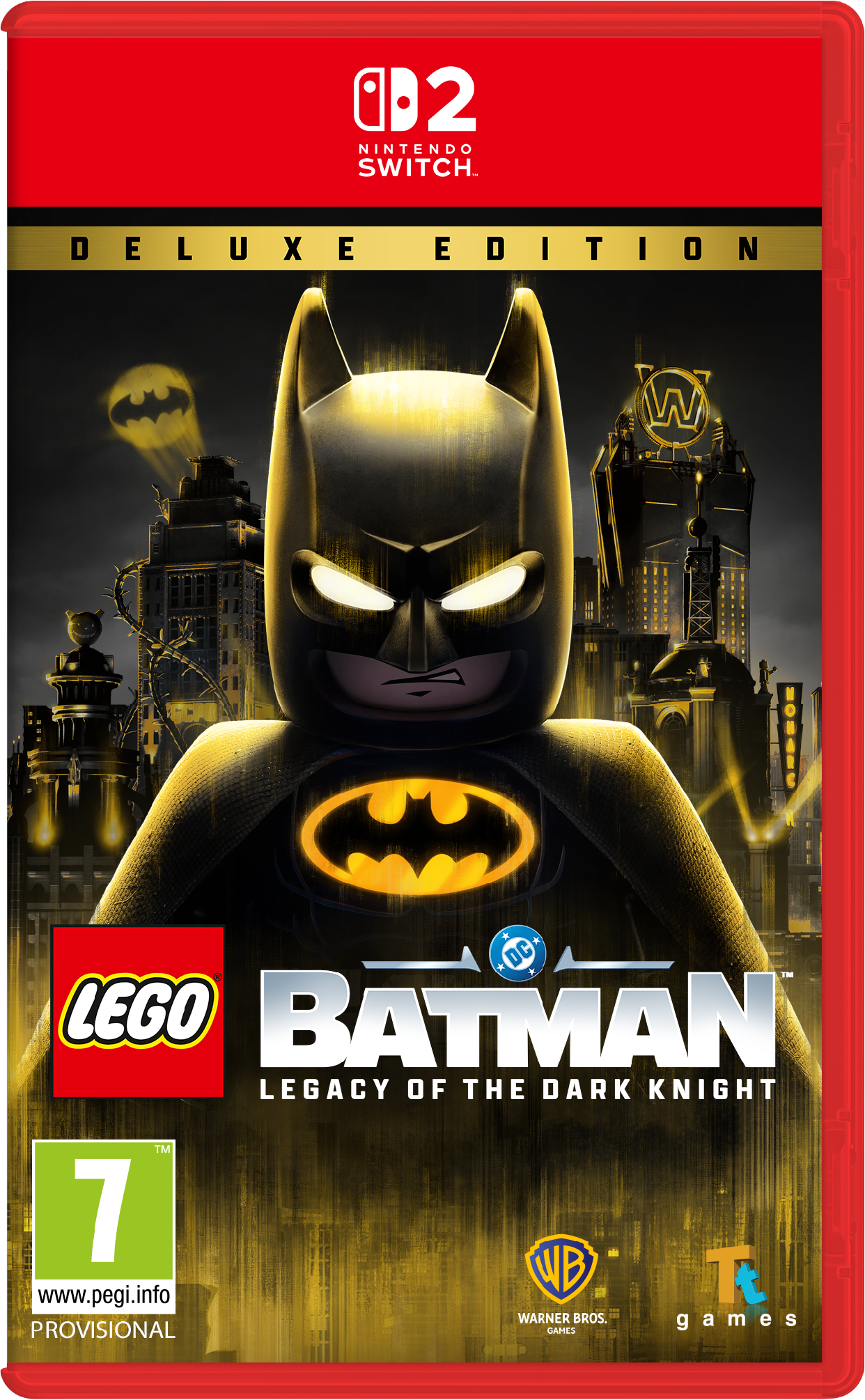 Lego Batman-Spielcover. Batman-Figur vor einer Stadt bei Nacht. Spieltitel und Logos sind vorhanden.