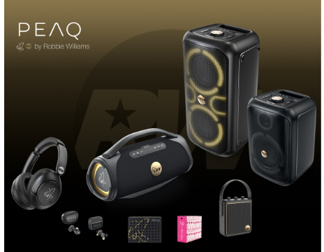 Produits audio noirs, casques, haut-parleurs et écouteurs, par PEAQ by Robbie Williams, sur fond sombre.
