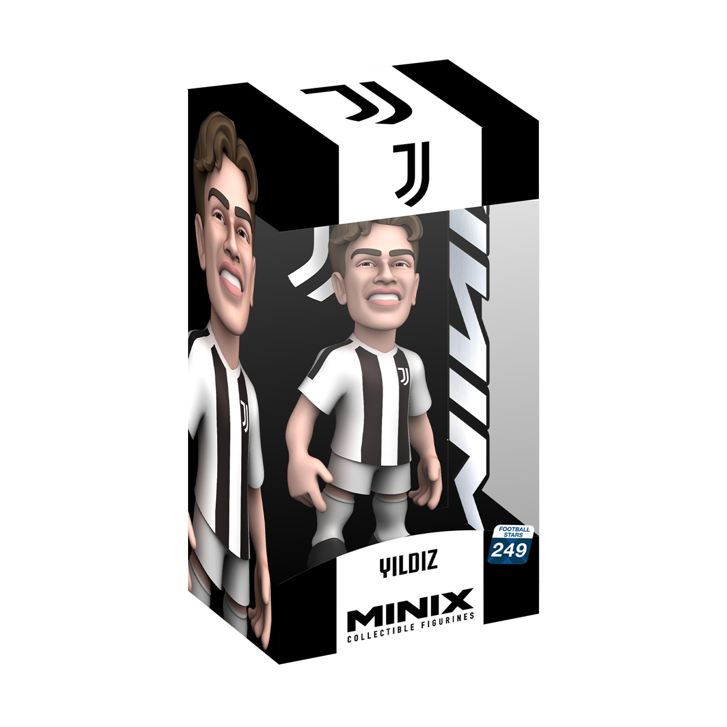 Una statuetta da collezione Yildiz Minix in una scatola. Indossa una maglia della Juventus. La scatola è bianca e nera, con il logo Juventus.