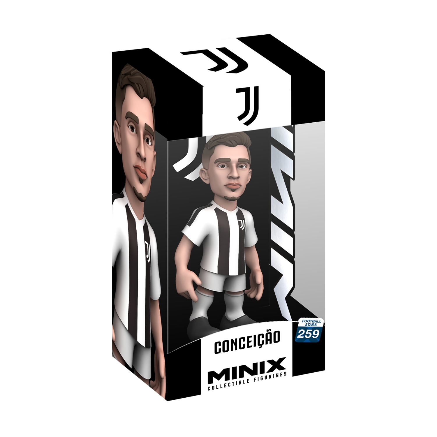 Una statuetta da collezione Minix di Conceição in divisa Juve, esposta in una scatola con il marchio della squadra e il numero 259.