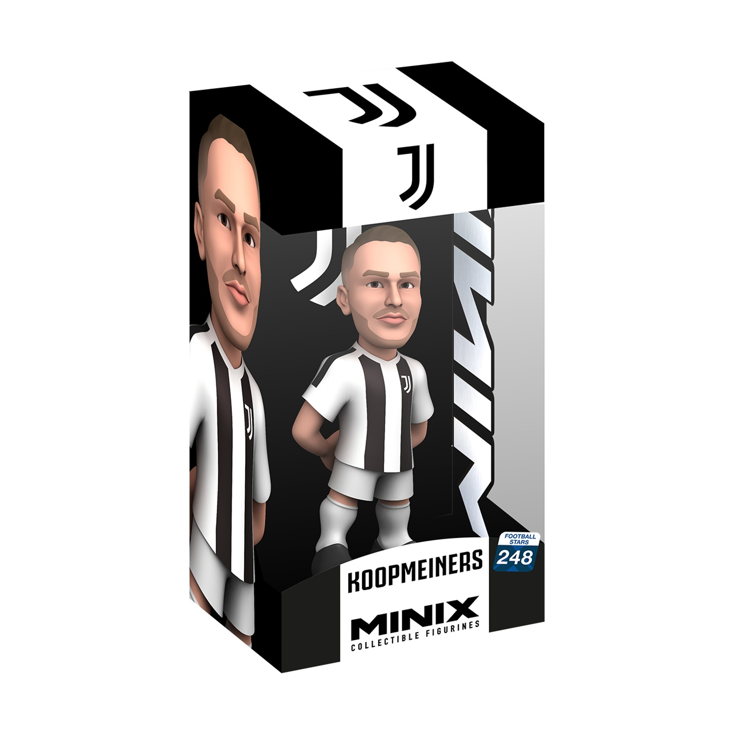 Una statuetta di Koopmeiners Minix in una scatola. Indossa una maglia della Juventus. La scatola ha il logo Juventus e il marchio Minix.