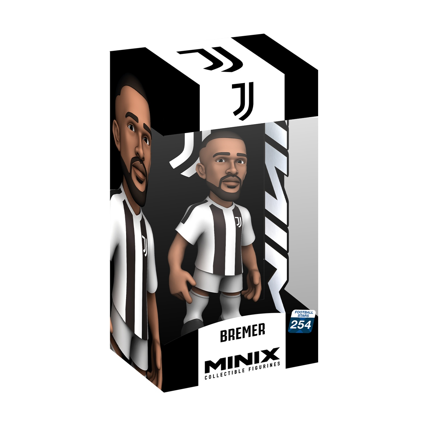 Una figurina da collezione Bremer Minix in una scatola. La figura indossa una maglia della Juventus. La scatola ha il logo Juventus e il marchio Minix.