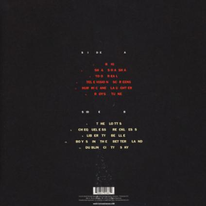 Schwarzes Albumcover mit rotem und gelbem Text, der Songtitel wie 'Sha Sha Sha' und 'The Lotts' auflistet.