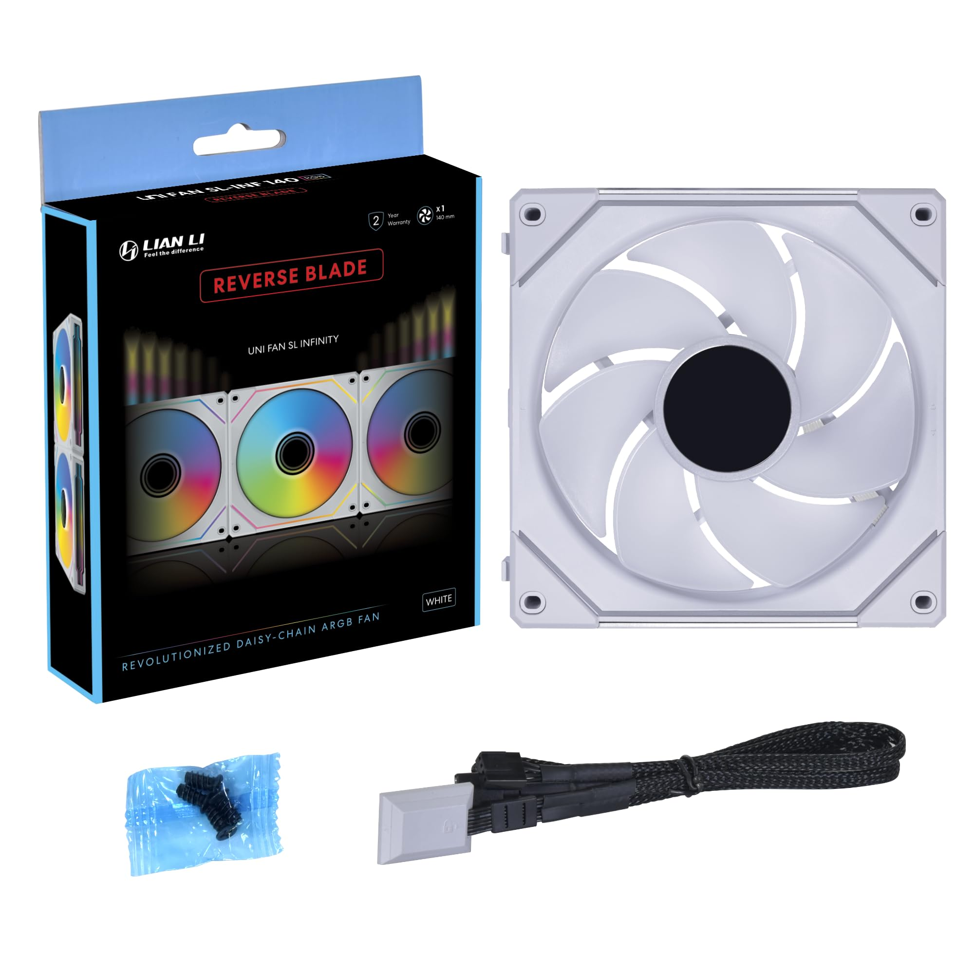 Ein weißer Computerlüfter, seine Box und Zubehör. Die Box zeigt das Design und die Eigenschaften des Lüfters mit umgekehrten Blättern.