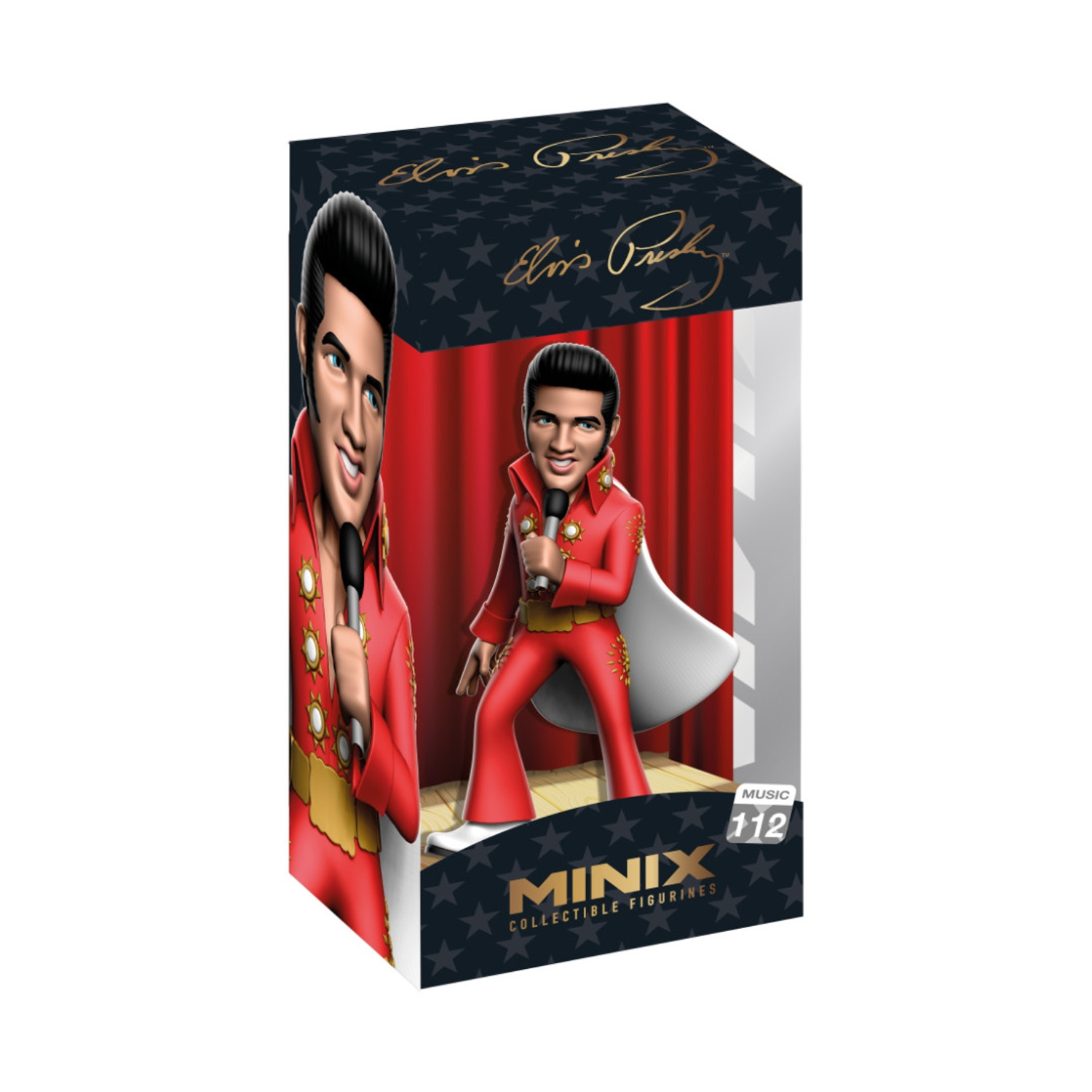 Una statuetta da collezione Minix di Elvis Presley in una scatola. Elvis indossa una tuta rossa con mantello bianco e tiene un microfono.