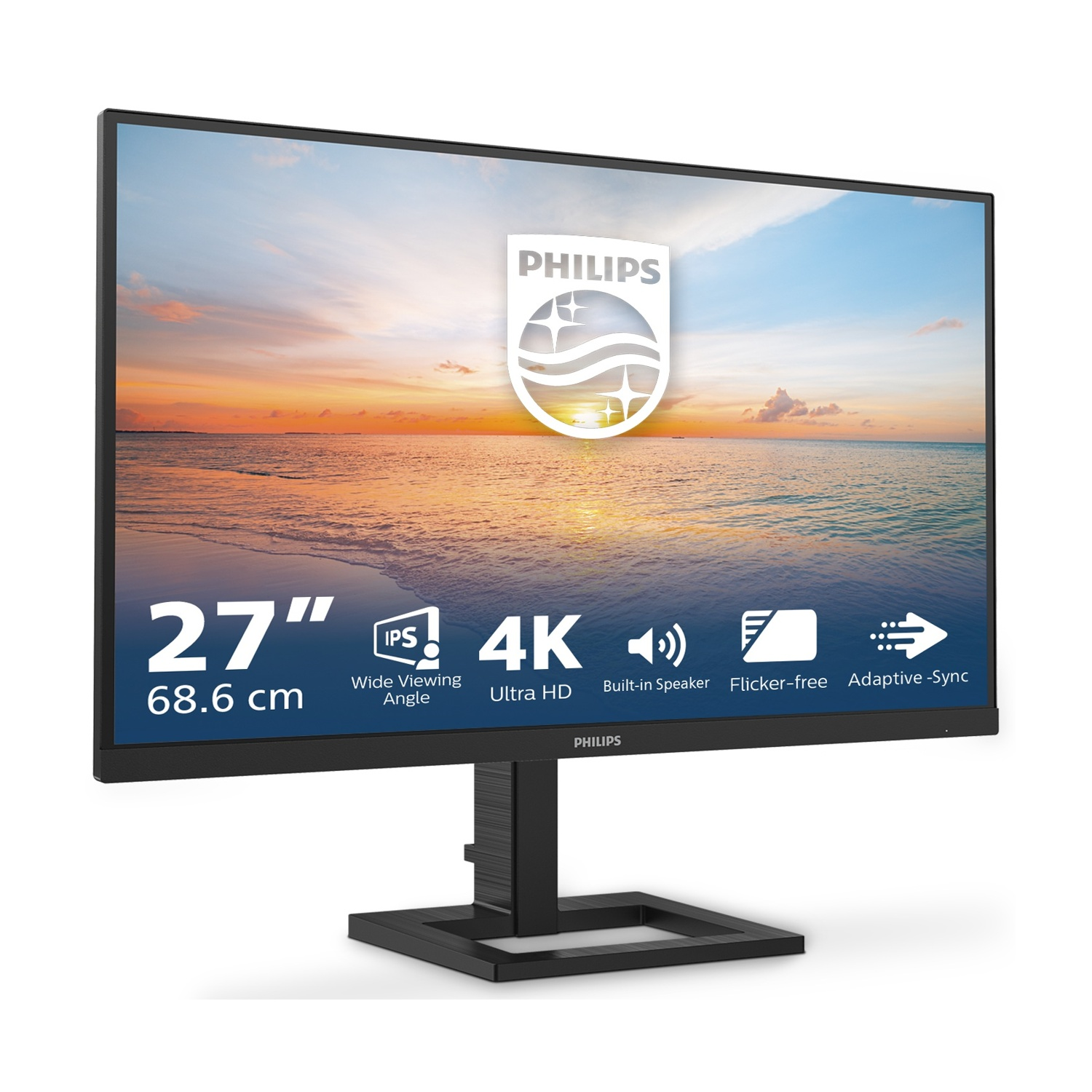 Un monitor Philips da 27 pollici mostra una scena di spiaggia. Include 4K Ultra HD, altoparlante integrato e tecnologia flicker-free.