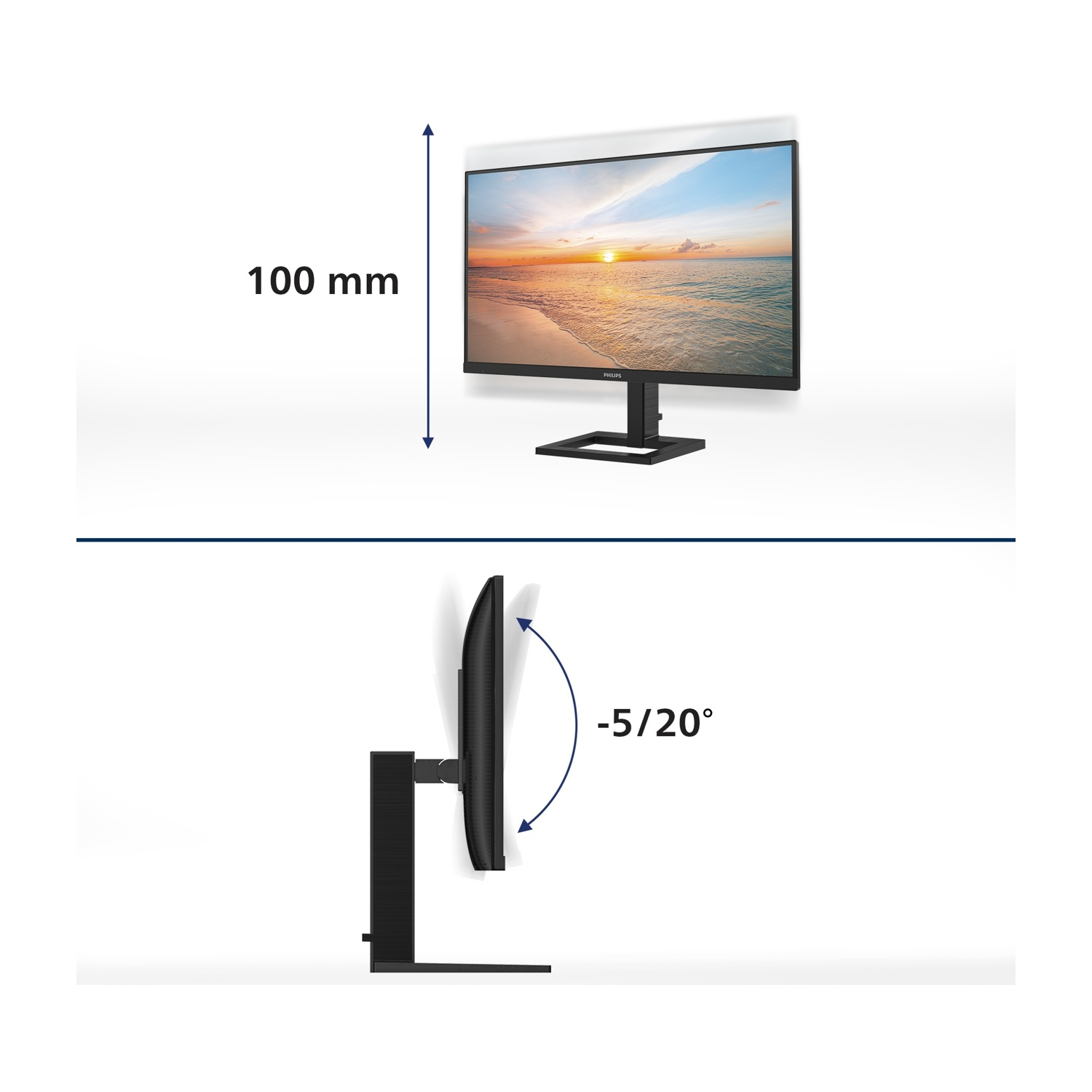Monitor con scena di spiaggia, con dimensione altezza di 100 mm. Vista laterale mostra intervallo di inclinazione di -5/20 gradi.