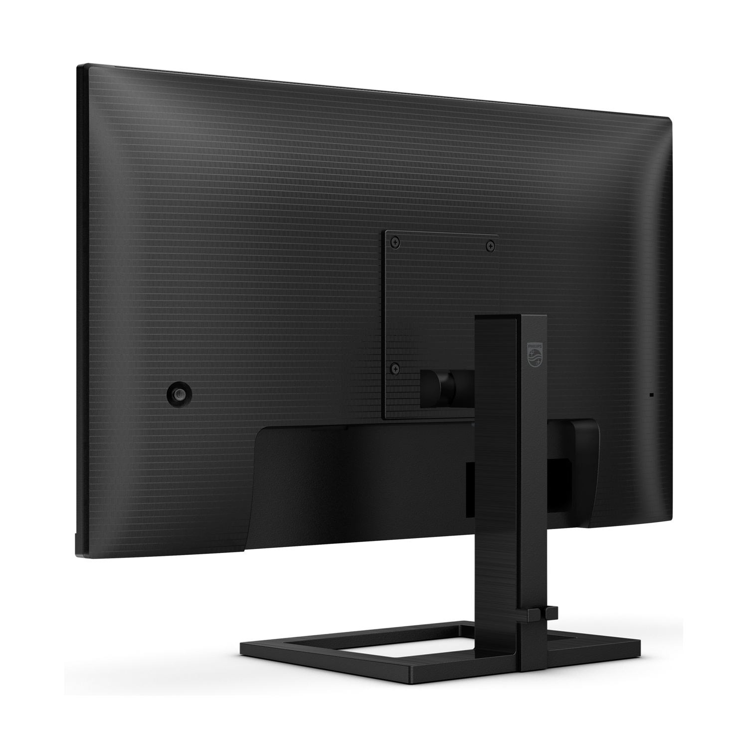 Monitor per computer nero, vista posteriore, con supporto. Logo Philips visibile. Texture sul pannello posteriore e supporto.